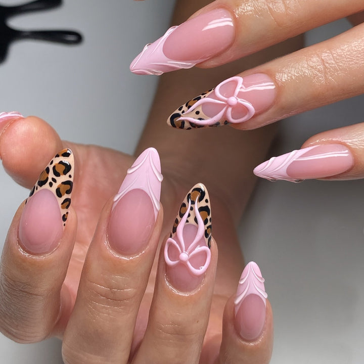 Acrylic Nail Set with Creative Leopard and Bow Accents Kalsten
