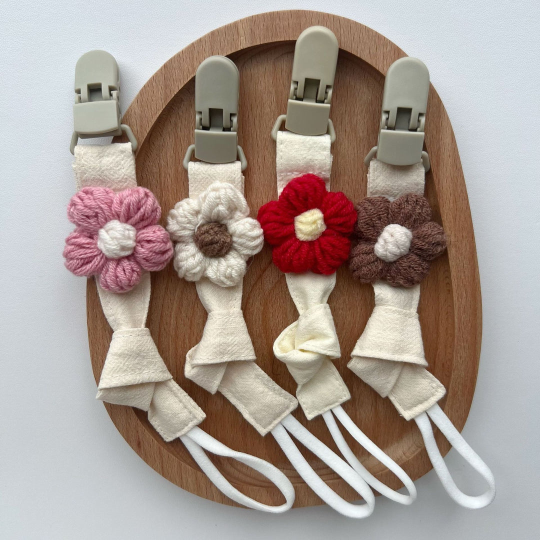 Handmade Cotton Pacifier Clip with Gingham Strap and Knitted Flower