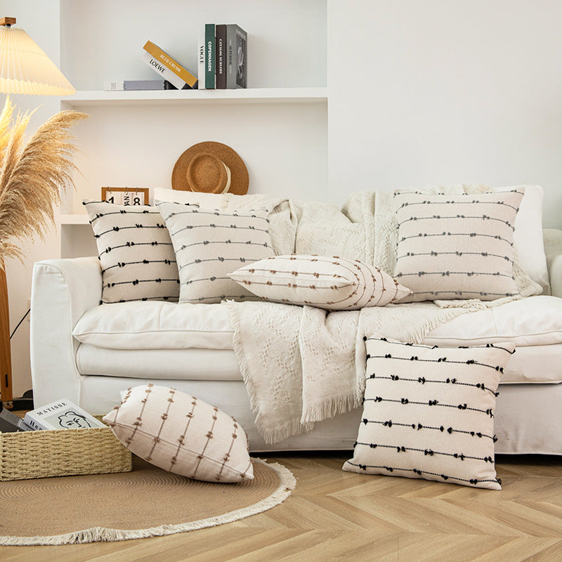 Decorative Square Cotton-Look Tufted Pillow Cover with Vertical Knot Trim and Concealed Zipper