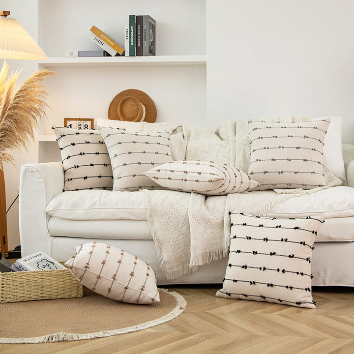 Decorative Square Cotton-Look Tufted Pillow Cover with Vertical Knot Trim and Concealed Zipper
