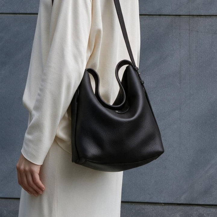 Pebbled Leather Slouchy Hobo Bucket Bag with Adjustable Strap