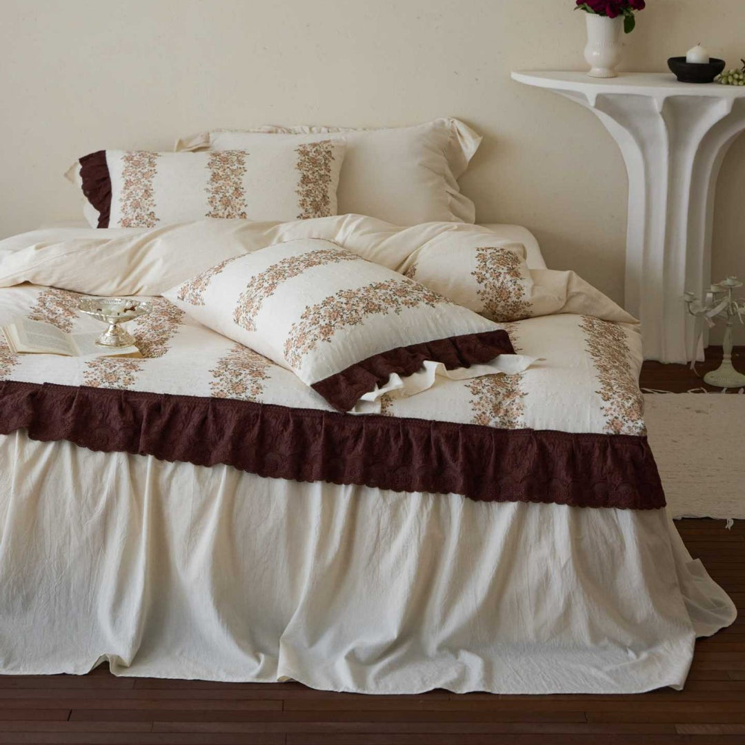 Romantic cotton satin bedding set with floral stripe pattern, ruffle, and decorative pillowcases