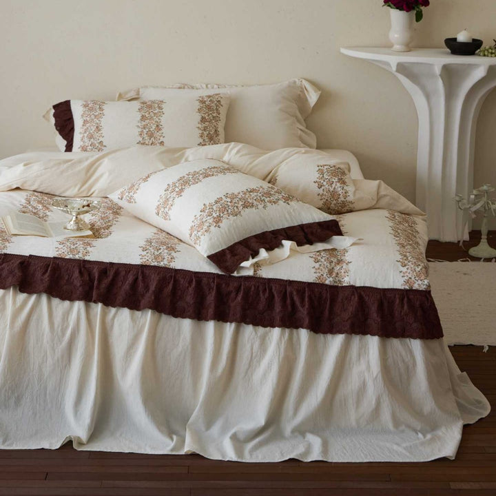 Romantic cotton satin bedding set with floral stripe pattern, ruffle, and decorative pillowcases