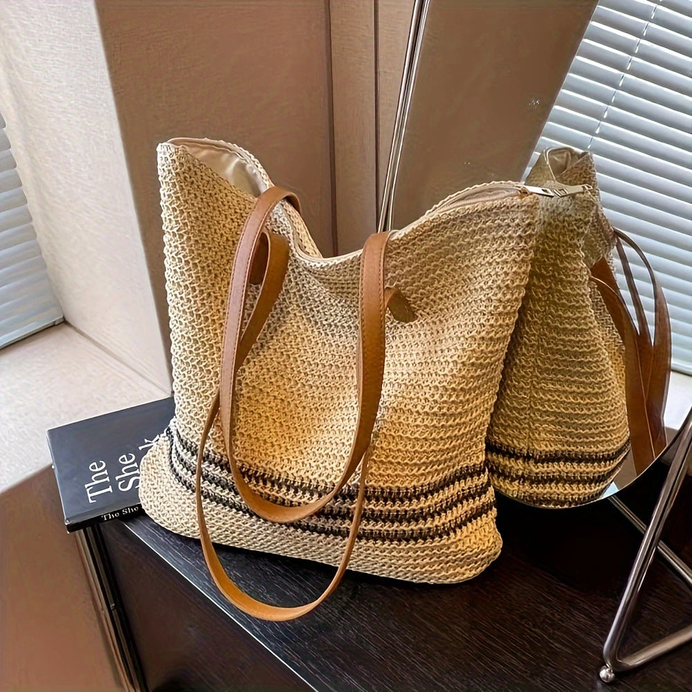Versatile straw tote bag with leather handles Kalsten