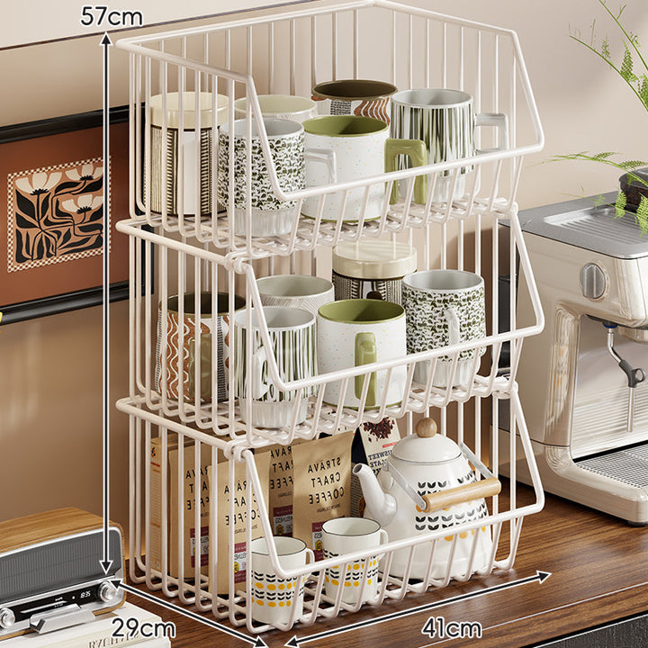 Four-Tier Tall Rolling Wire Pantry and Mug Storage Cart with Deep Slanted Baskets