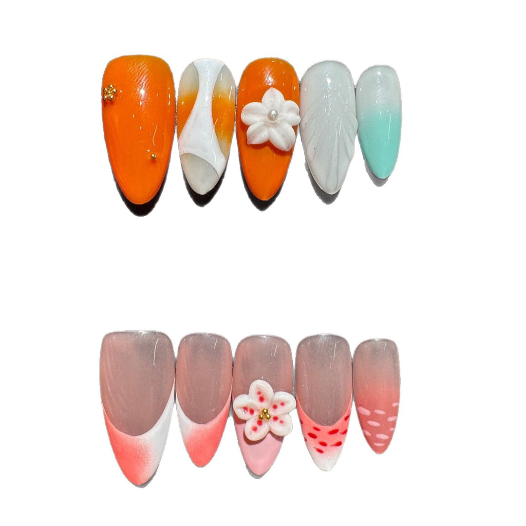 Artistic Press-On Nail Set with Floral and Gradient Accents