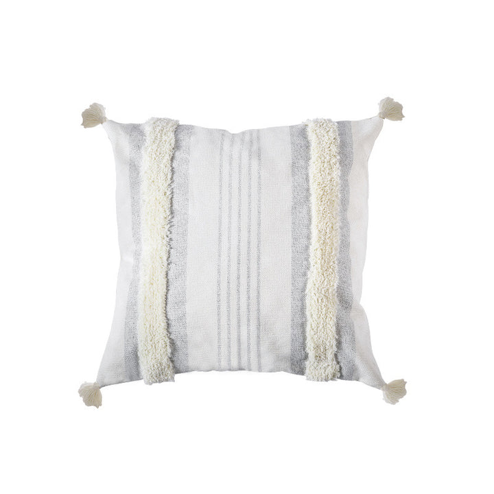 Square decorative cushion cover with boucle trims, tassels, and concealed zipper