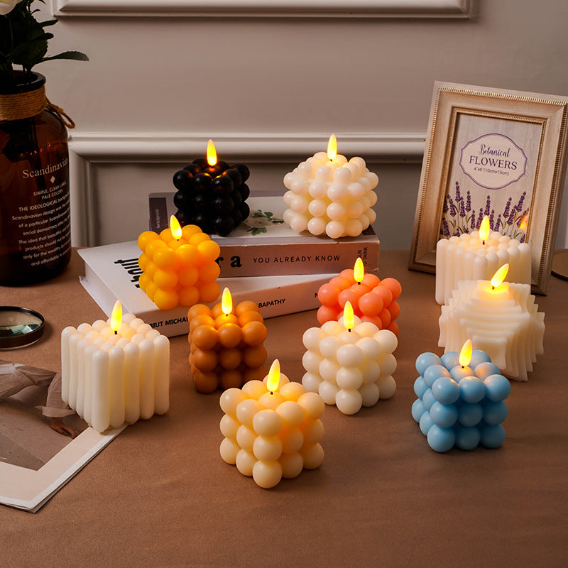 Bubble-Grid Cube LED Flameless Decorative Tabletop Candle Lamp