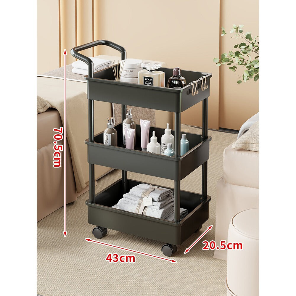 Compact Two-Tier Rolling Storage Cart with Integrated Handle and Accessory Hooks