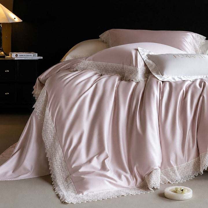 Luxurious satin bedding set with fine lace edging