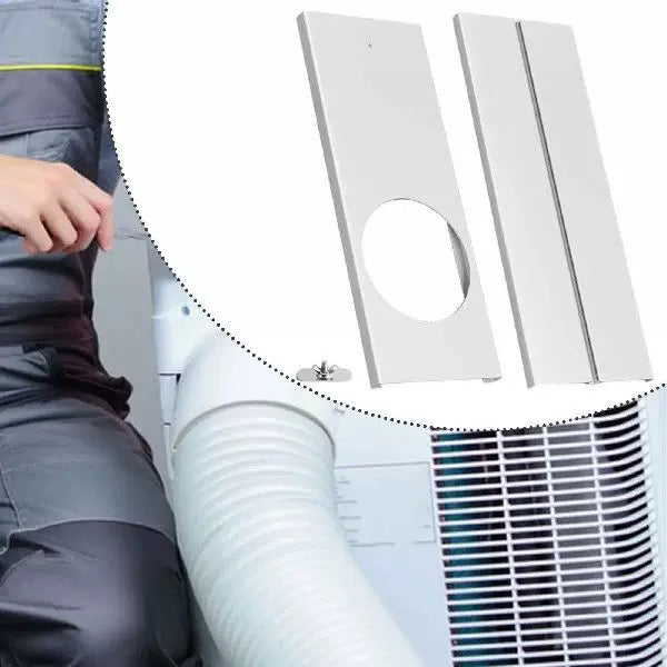 Unisex universal size portable air conditioner window ventilation plate adapter with circular exhaust cutout and adjustable sliding panel Kalsten