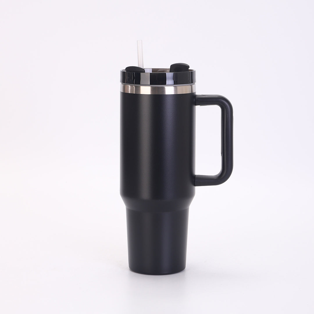 Insulated Stainless Steel Tall Travel Mug With Ergonomic Side Handle And Leak-Resistant Straw Lid