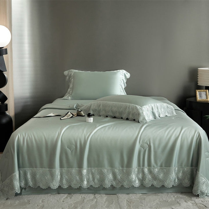 Luxurious satin bed linen set with French lace trim