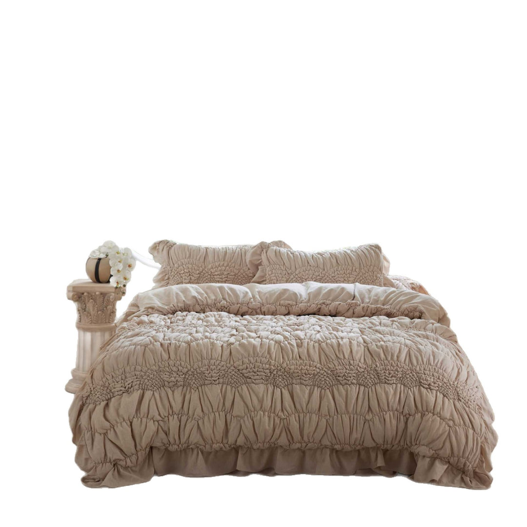 Luxurious cotton bedding set with ruffles and smocking look