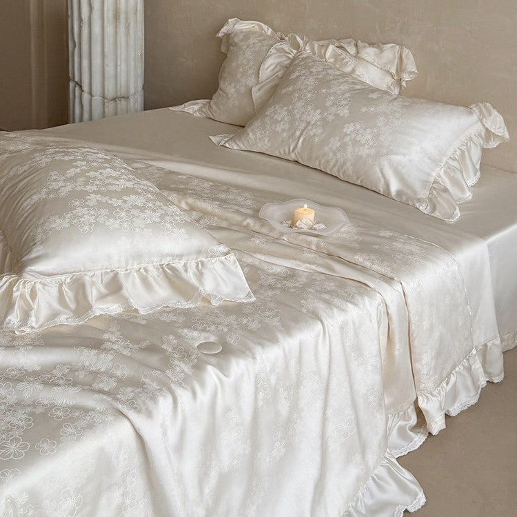 Luxury satin bedding set with floral jacquard pattern, ruffle, and silky finish
