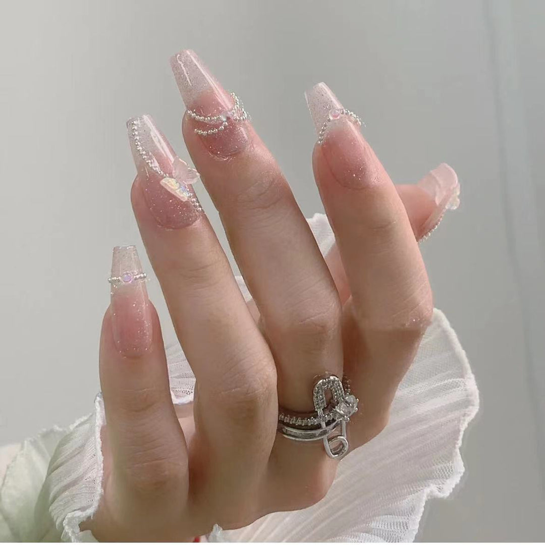 Decorative Press-On Nail Set with Crystal Accents