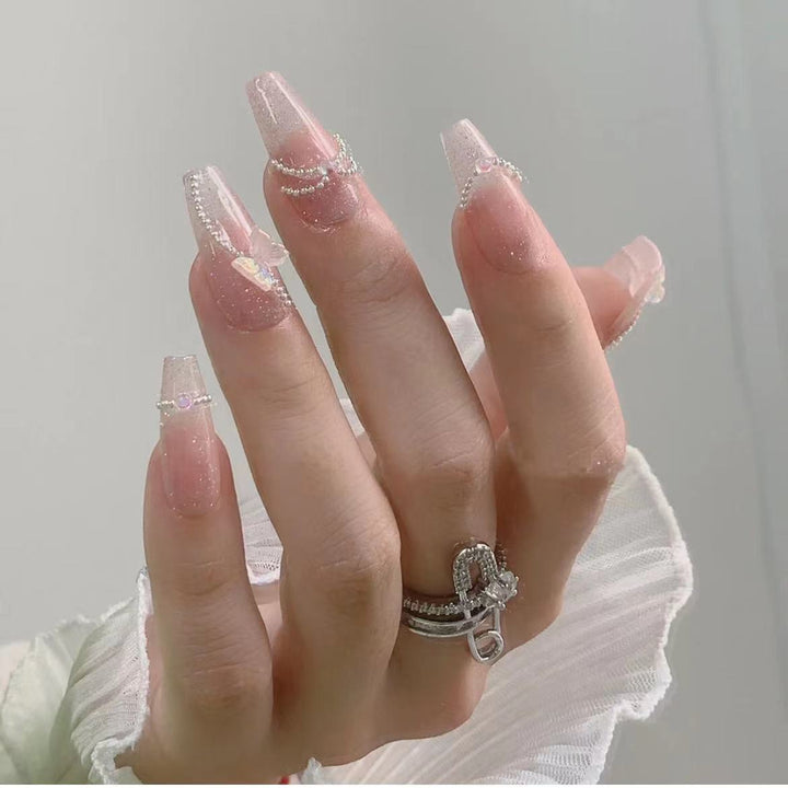 Decorative Press-On Nail Set with Crystal Accents
