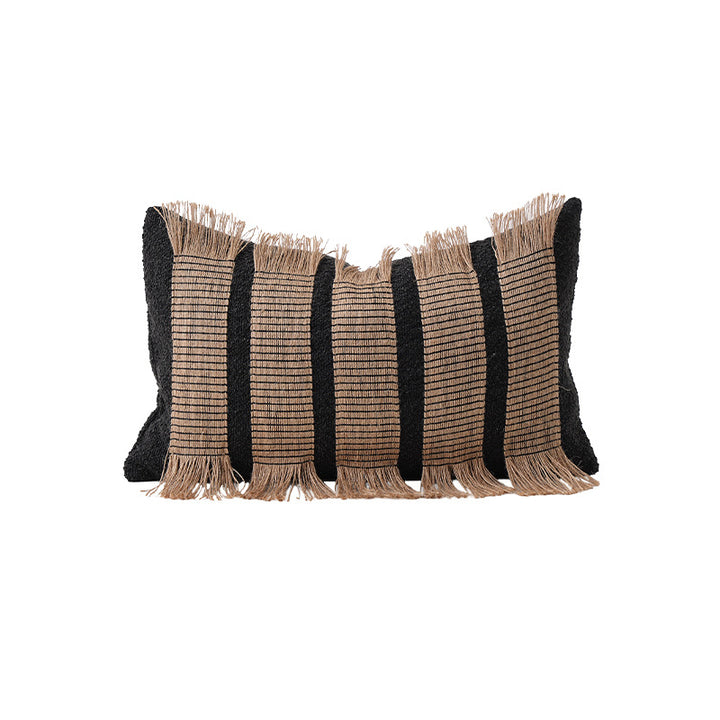 Rectangular decorative cushion with fringes and woven stripes