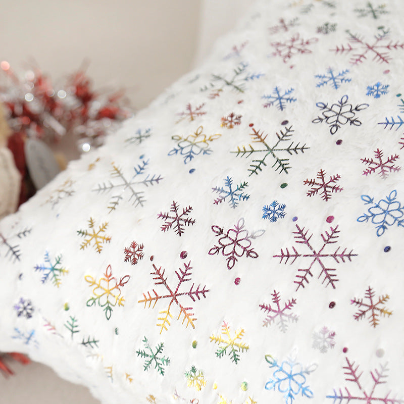 Decorative Faux Fur Square Throw Pillow with Gold Snowflake Foil Accents