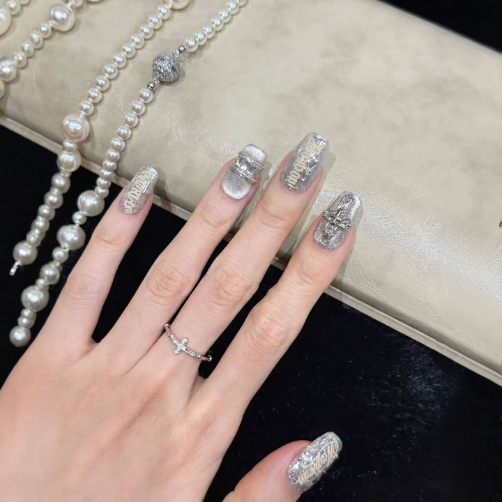 Metallic Press-On Nail Set with Decorative Silver Accents Kalsten