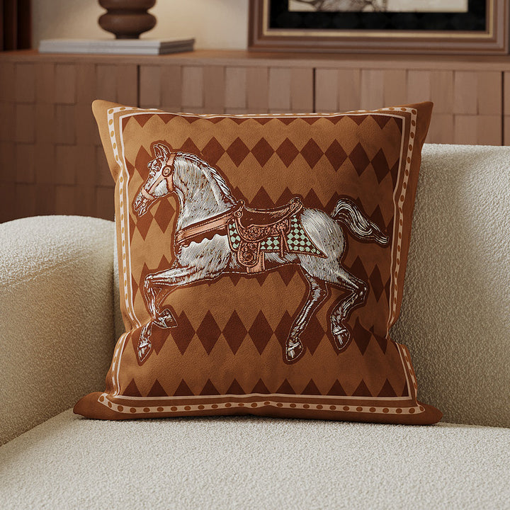 Decorative Velvet-Front Throw Pillow Cover with Unicorn Motif and Contrast Piped Edge