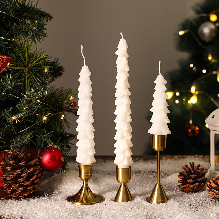 Festive Sculpted Pine Taper Candle Trio with Brass Holders