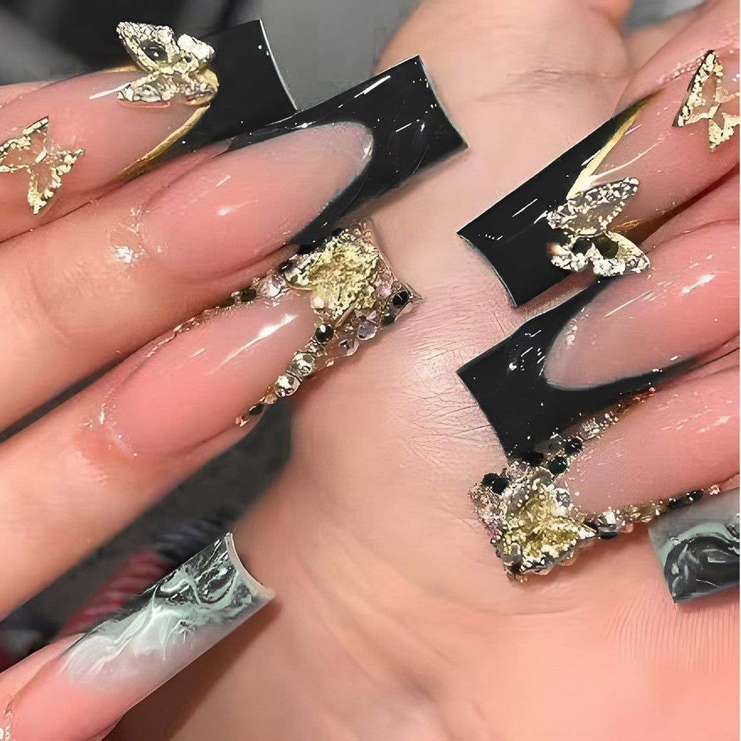 Decorative Long Press-On Nail Set with Gem Accents Kalsten