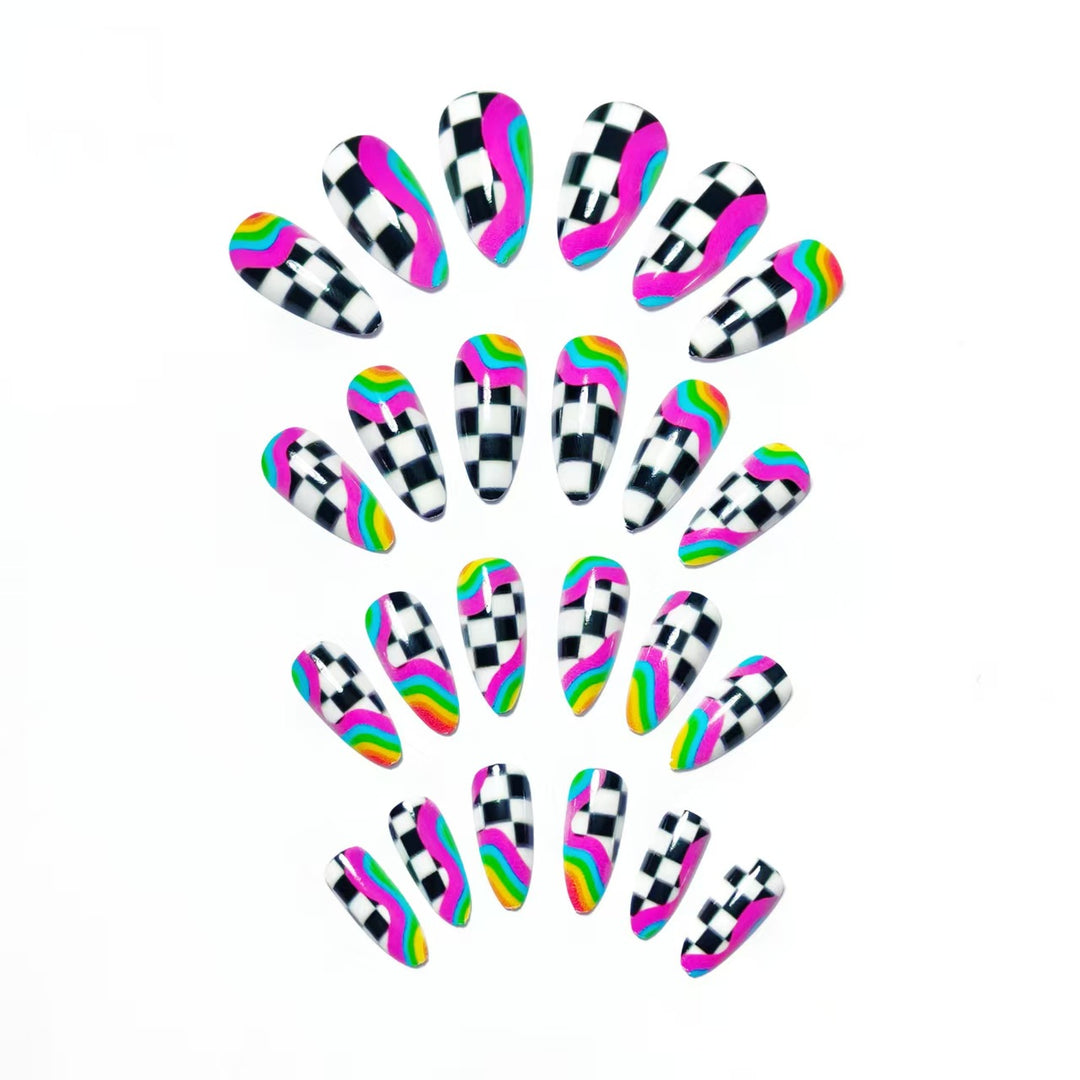 Creative artificial nails with colorful wave and checkerboard design Kalsten