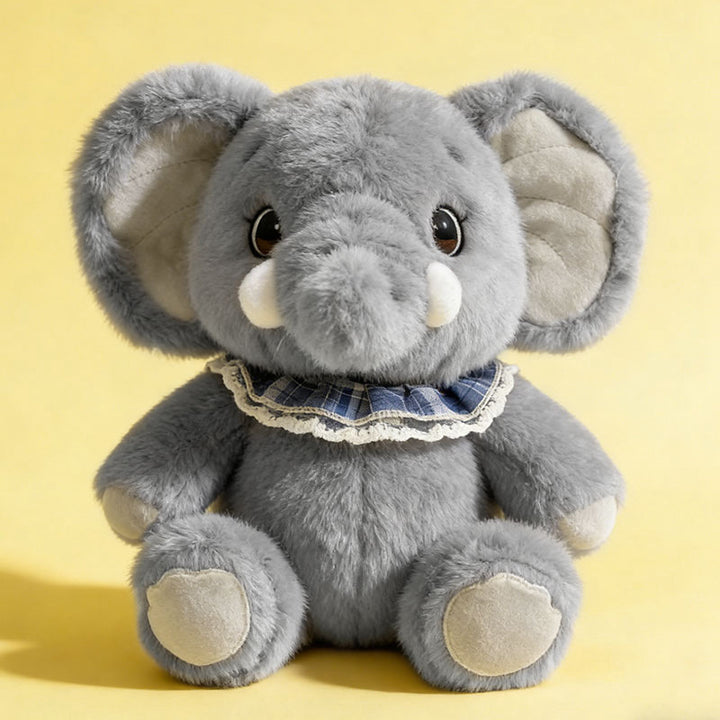 Plush Elephant Sitting Cuddler with Lace-Trimmed Plaid Collar & Bean-Fill Base Kalsten