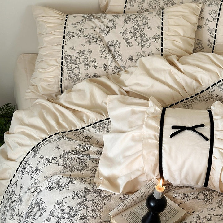 Romantic cotton percale bedding set with fine toile print and ruffle trim