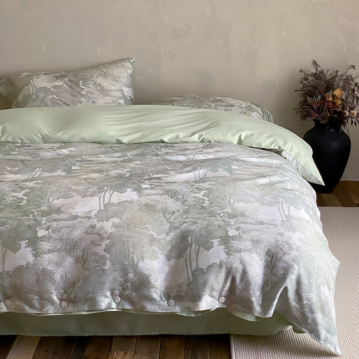 Premium cotton satin duvet cover set with floral jacquard relief and button closure