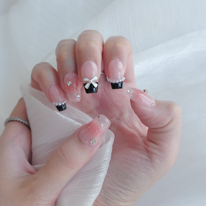 Artistic Press-On Nail Set with Gem Accents