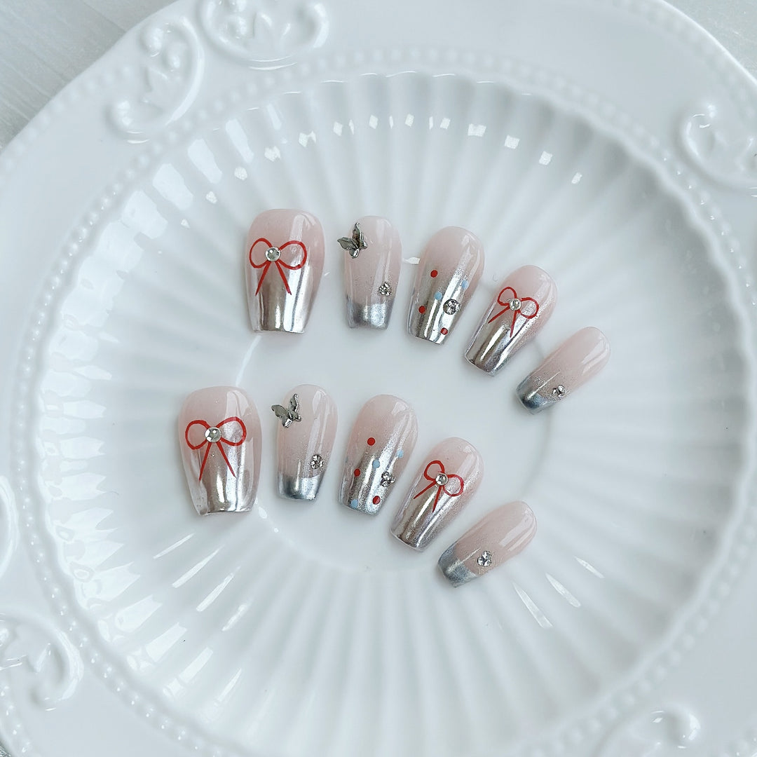 Artistic Press-On Nail Art Set with Bow and Gem Details