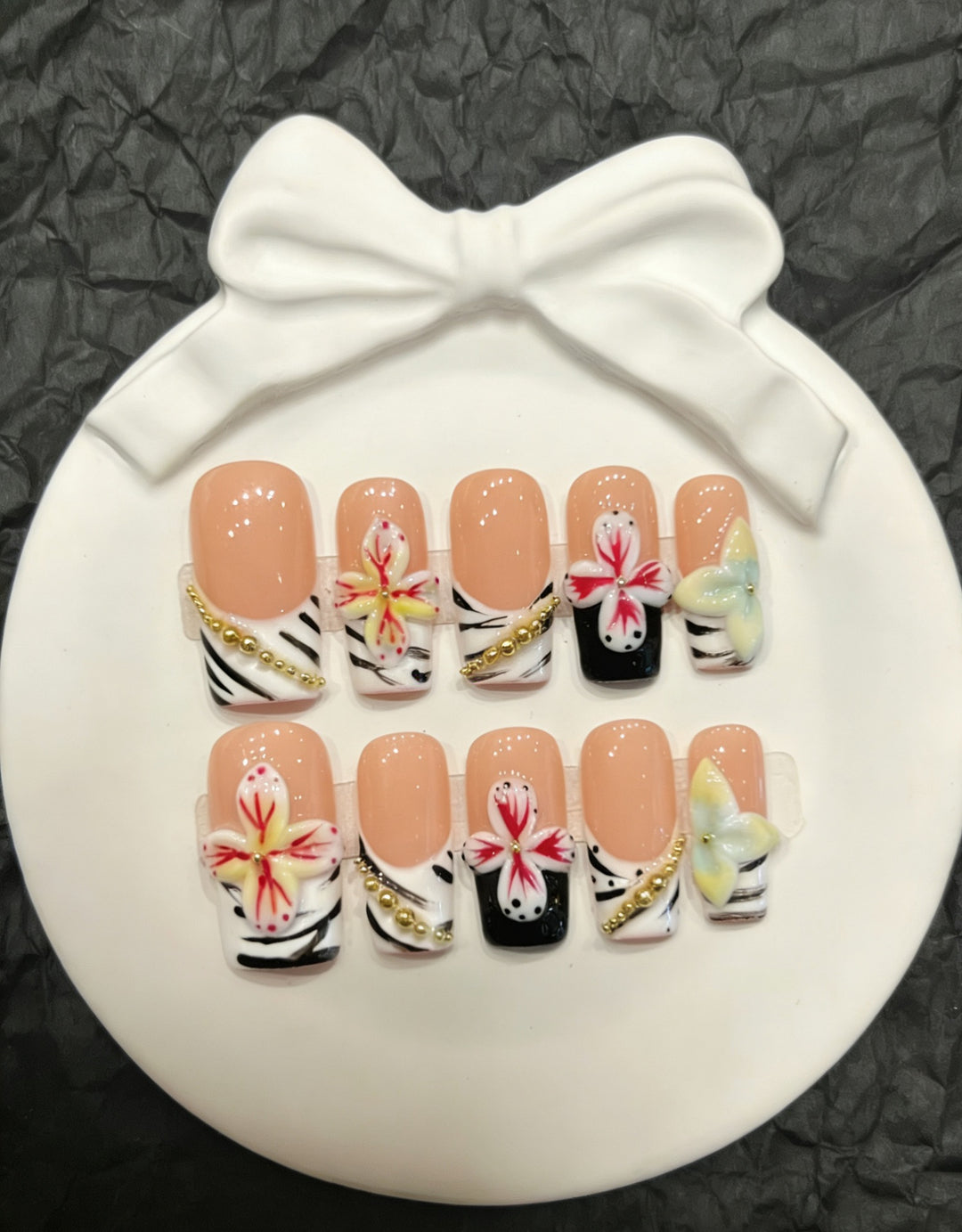 Artistic Press-On Nail Set with Floral and Zebra Pattern