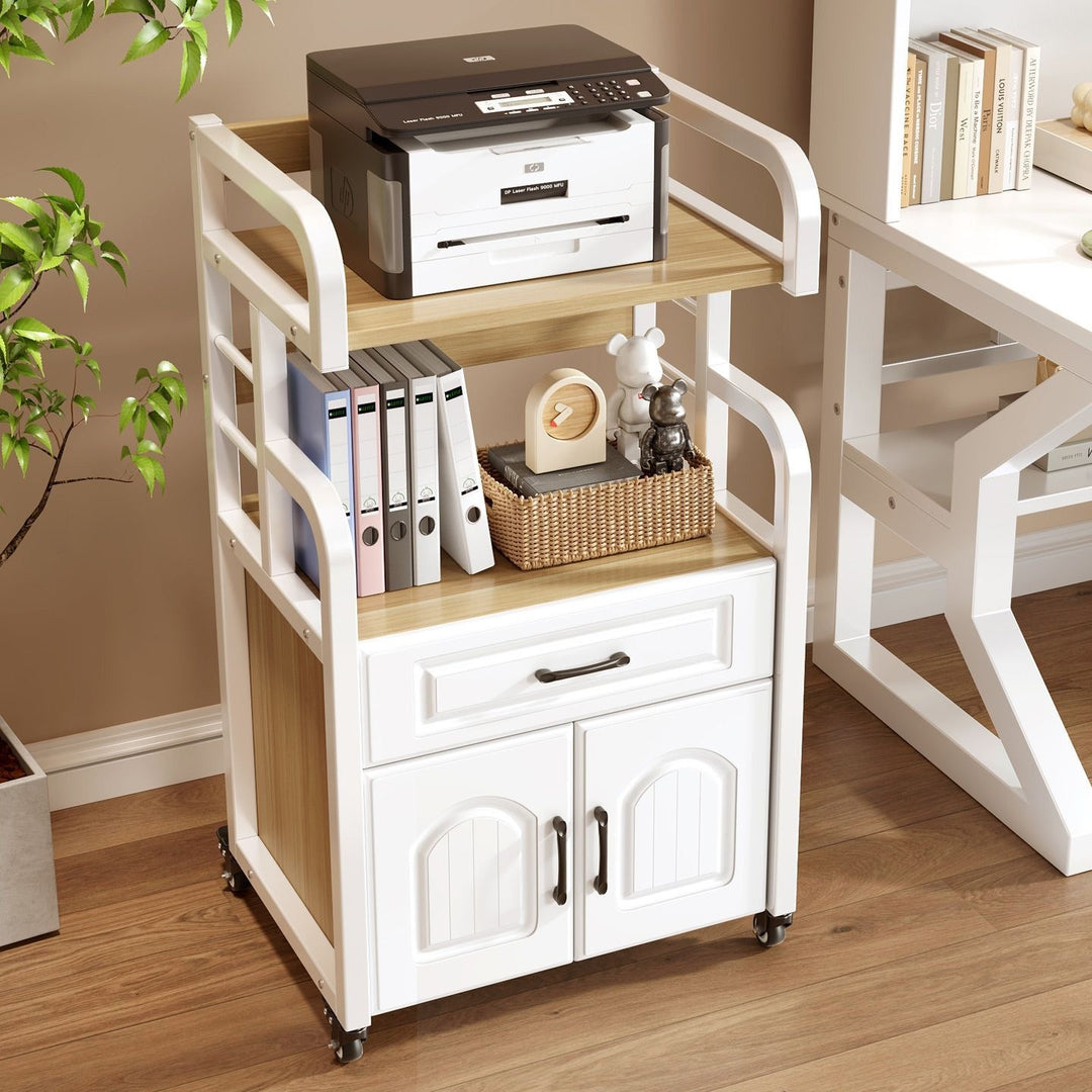Multifunctional wooden cart with shelves and drawers Kalsten