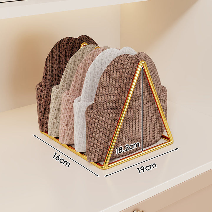 Triangular Gold Metal Multi-Slot Beanie and Knit Hat Organizer Rack