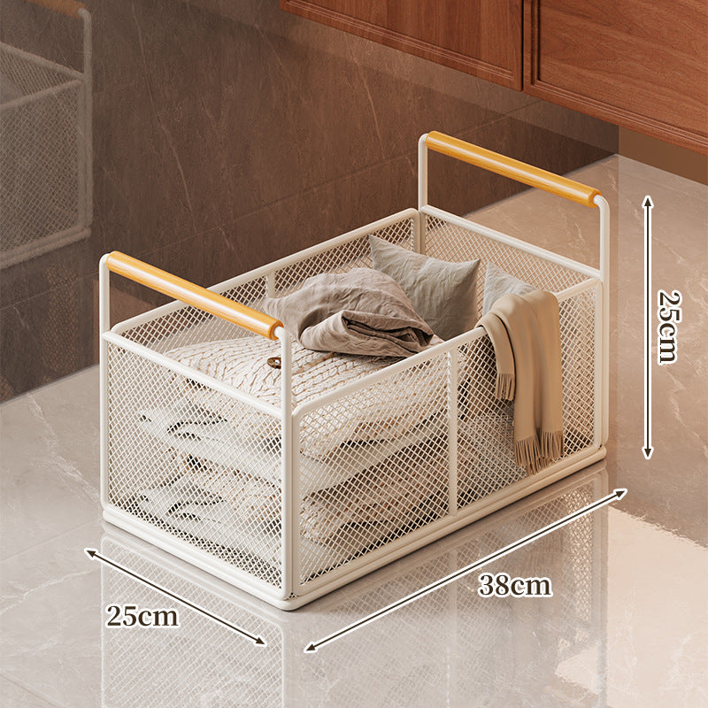 Freestanding Mesh Storage Crate with Wooden Grip Handles for Living Room and Laundry