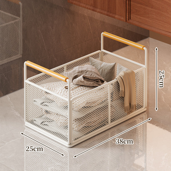 Freestanding Mesh Storage Crate with Wooden Grip Handles for Living Room and Laundry