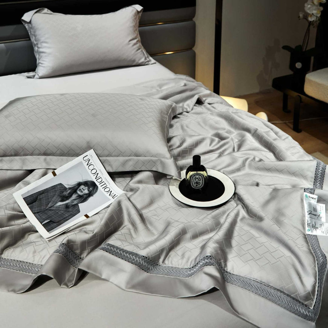Satin-Duvet cover set with woven check jacquard and decorative border