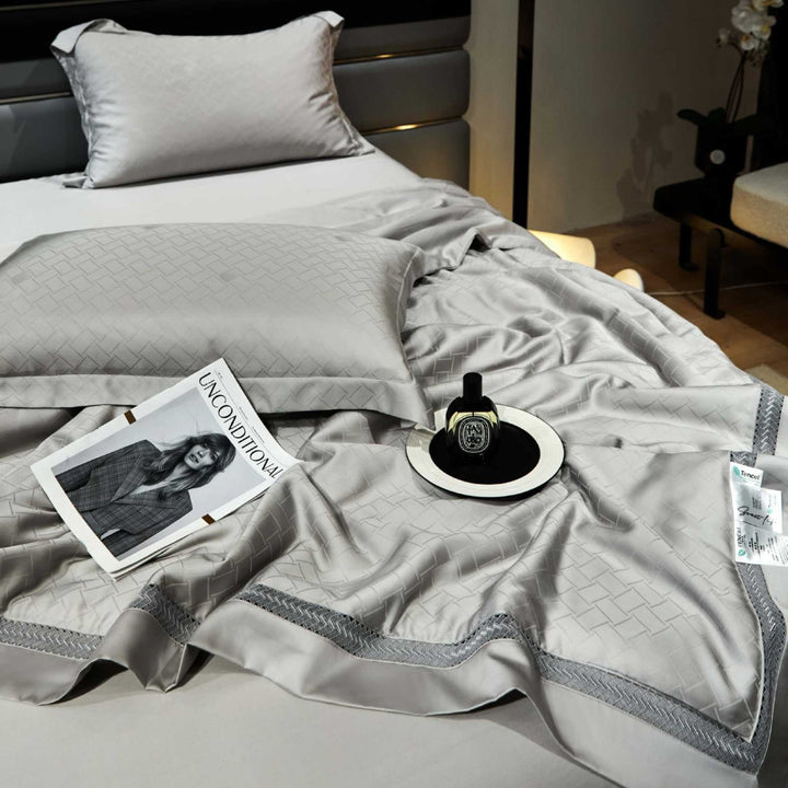 Satin-Duvet cover set with woven check jacquard and decorative border