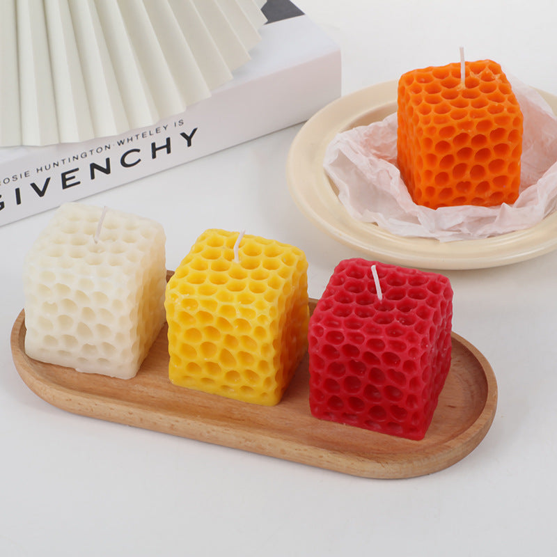 Hand-Poured Honeycomb-Textured Cube Tabletop Candle
