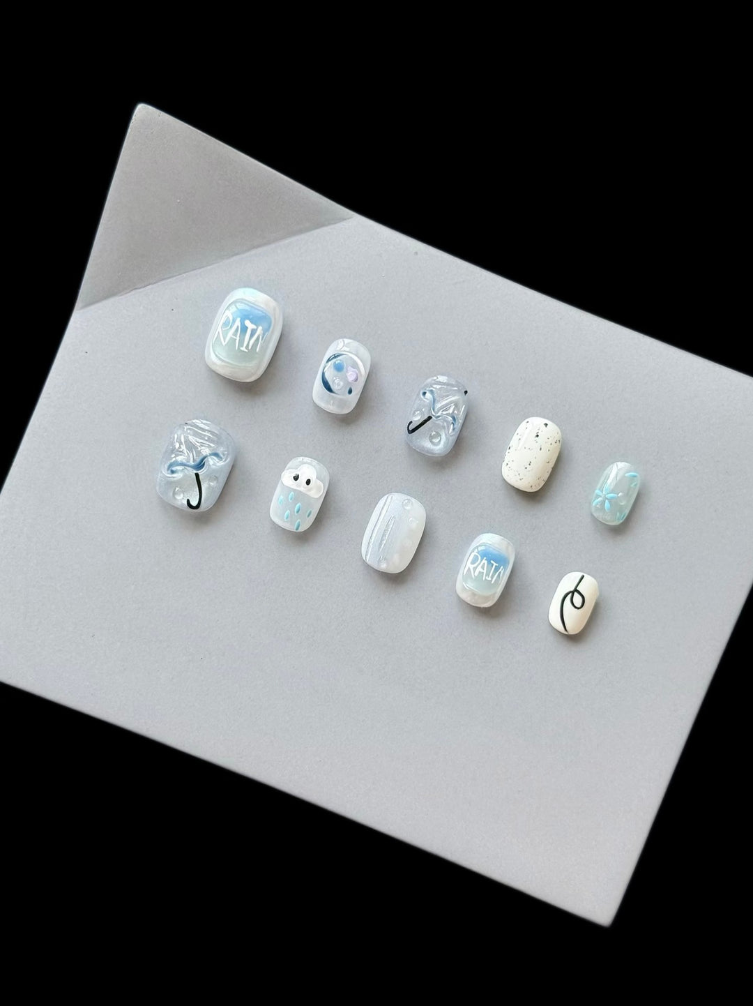 Artistic Press-On Nail Set with Rain Theme