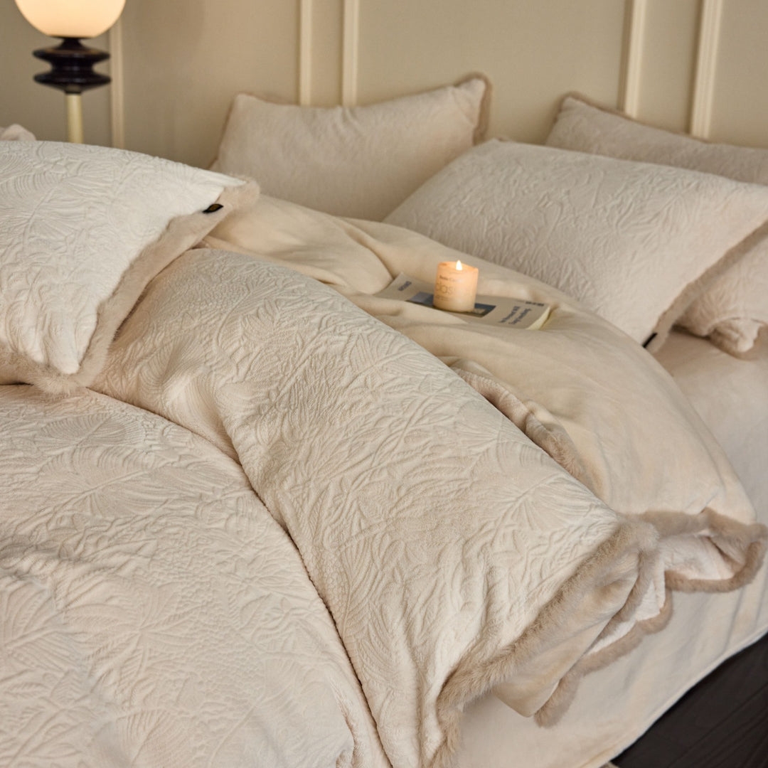 Luxury bed linen set made of cotton velvet with matelassé quilting and faux fur trim