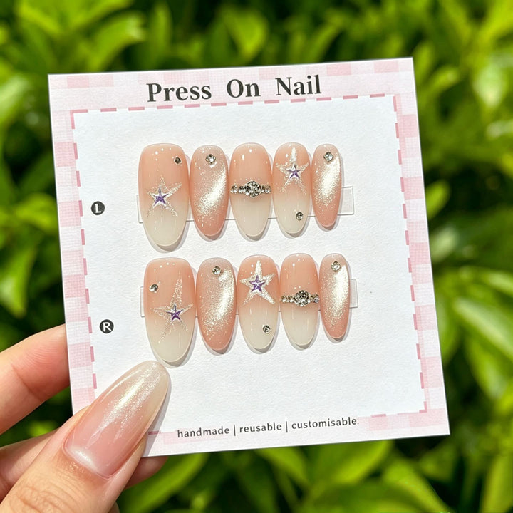 Artistic Press-On Nail Art Set with Cute Character and Bow Accents