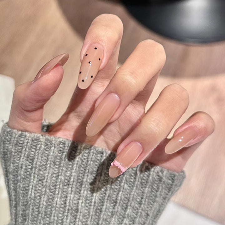 Elegant Press-On Nail Set with Chic Black Dots and Decorative Bow Kalsten