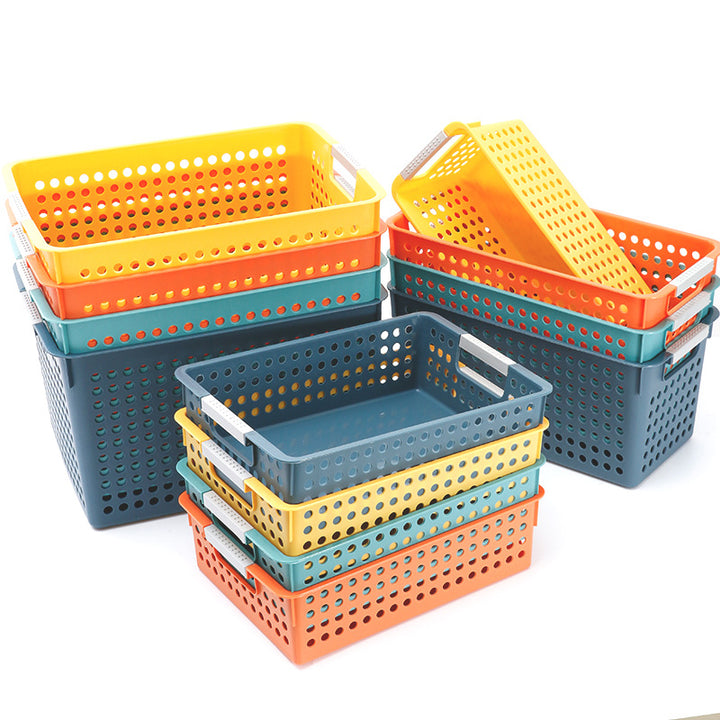 Flat plastic storage box with perforated side wall and grip recesses