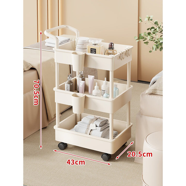 Compact Two-Tier Rolling Storage Cart with Integrated Handle and Accessory Hooks