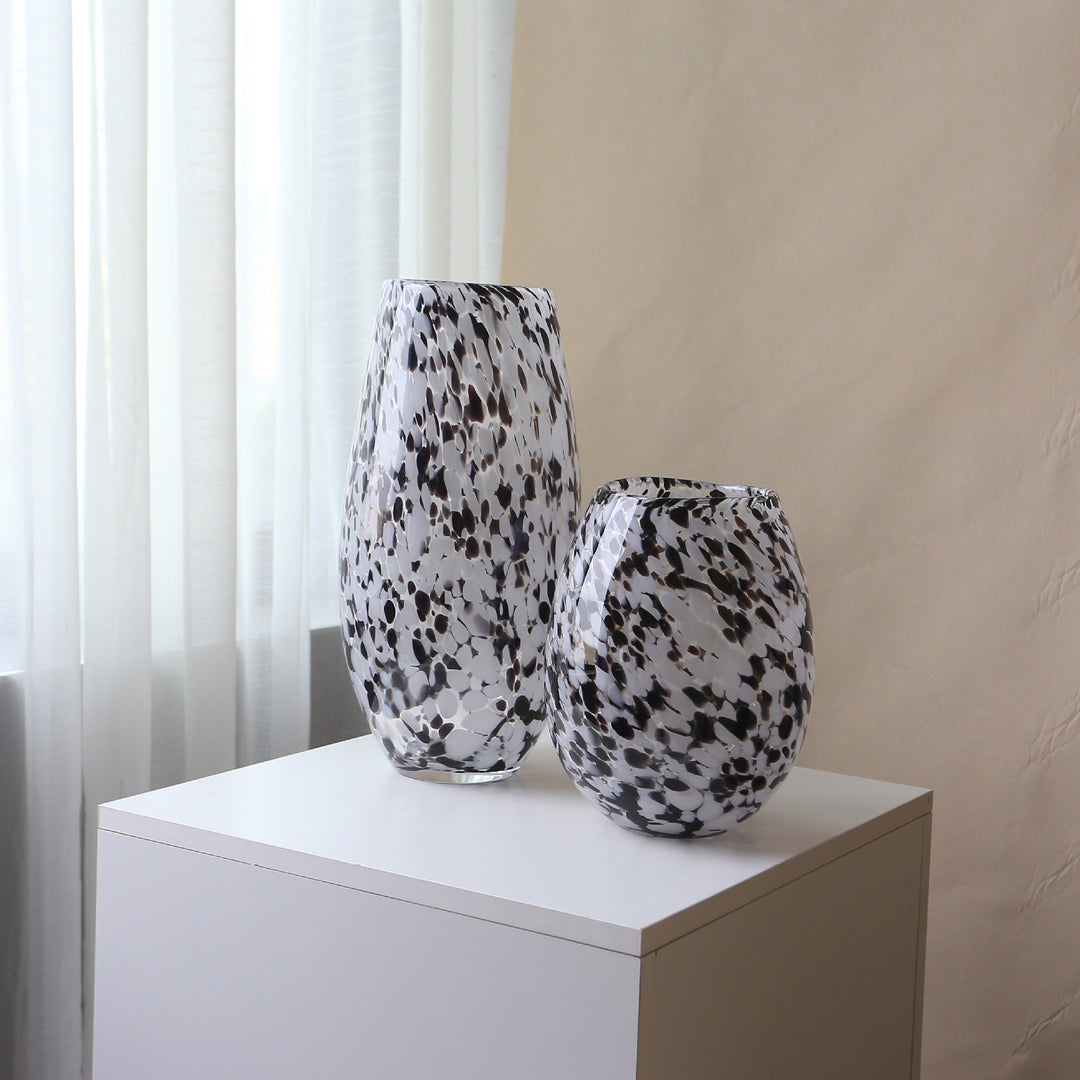 Handblown Speckled Art Glass Vase Pair with Sculptural Tall-and-Short Silhouettes Kalsten