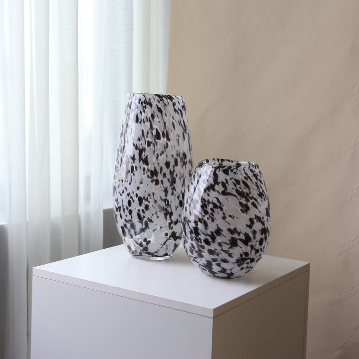 Handblown Speckled Art Glass Vase Pair with Sculptural Tall-and-Short Silhouettes Kalsten