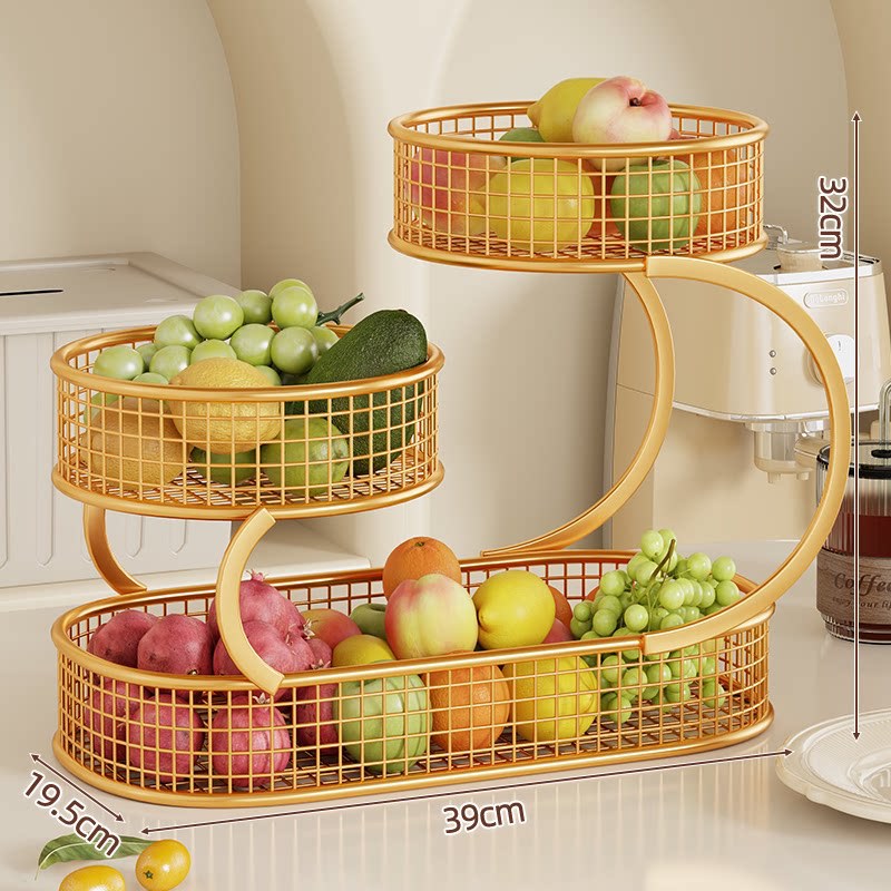 Multi-Level Spiral Metal Fruit and Produce Storage Stand with Mesh Baskets and Tissue Box Shelf
